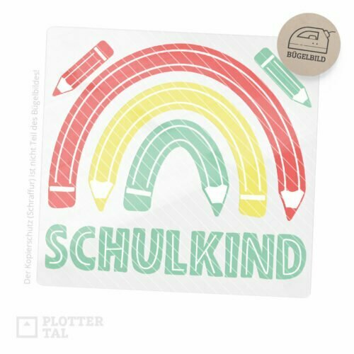 Bügelbild Regenbogen Schulkind mit Buntstiften - Bügelmotiv zur Einschulung