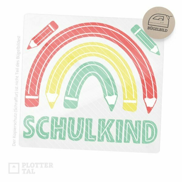 Bügelbild Regenbogen Schulkind mit Buntstiften - Bügelmotiv zur Einschulung