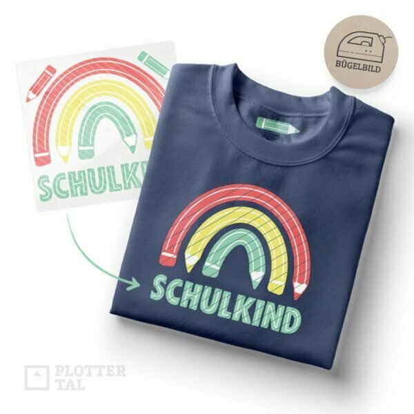 Bügelbild Regenbogen Schulkind mit Buntstiften - Bügelmotiv zur Einschulung