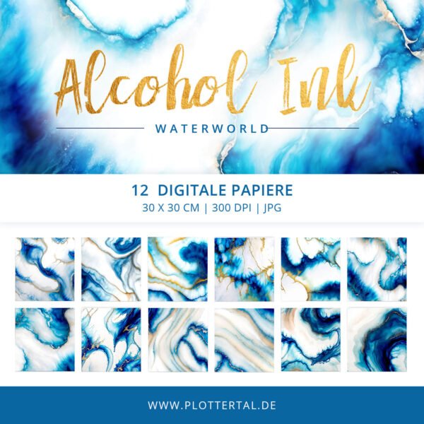 Digitales Papier Alcohol Ink Waterworld - Blau Gold - Digi Paper