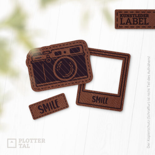 Kunstleder-Label Set Foto, Kamera, Polaroid-Rahmen, Schriftzug "Smile"