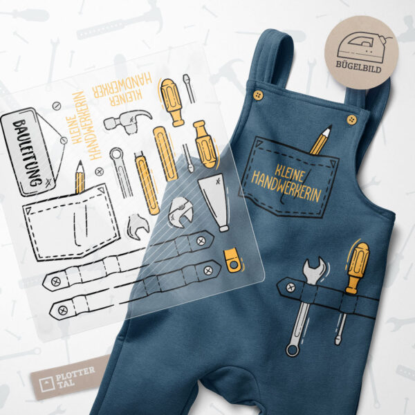 Bügelbild "Kleiner Handwerker" - Strampler oder Latzhose mit Werkzeuggürtel bedrucken