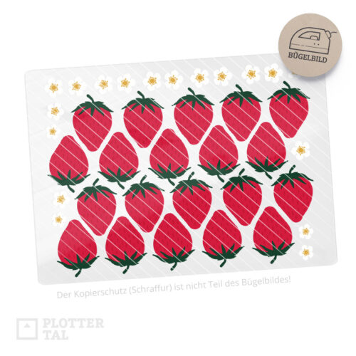 Bügelbild Bogen Erdbeeren, Erdbeerblüten, Erdbeerfeld