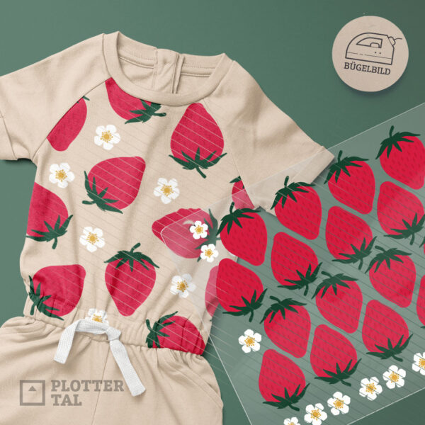 Bügelbild Bogen Erdbeeren, Erdbeerblüten, Erdbeerfeld